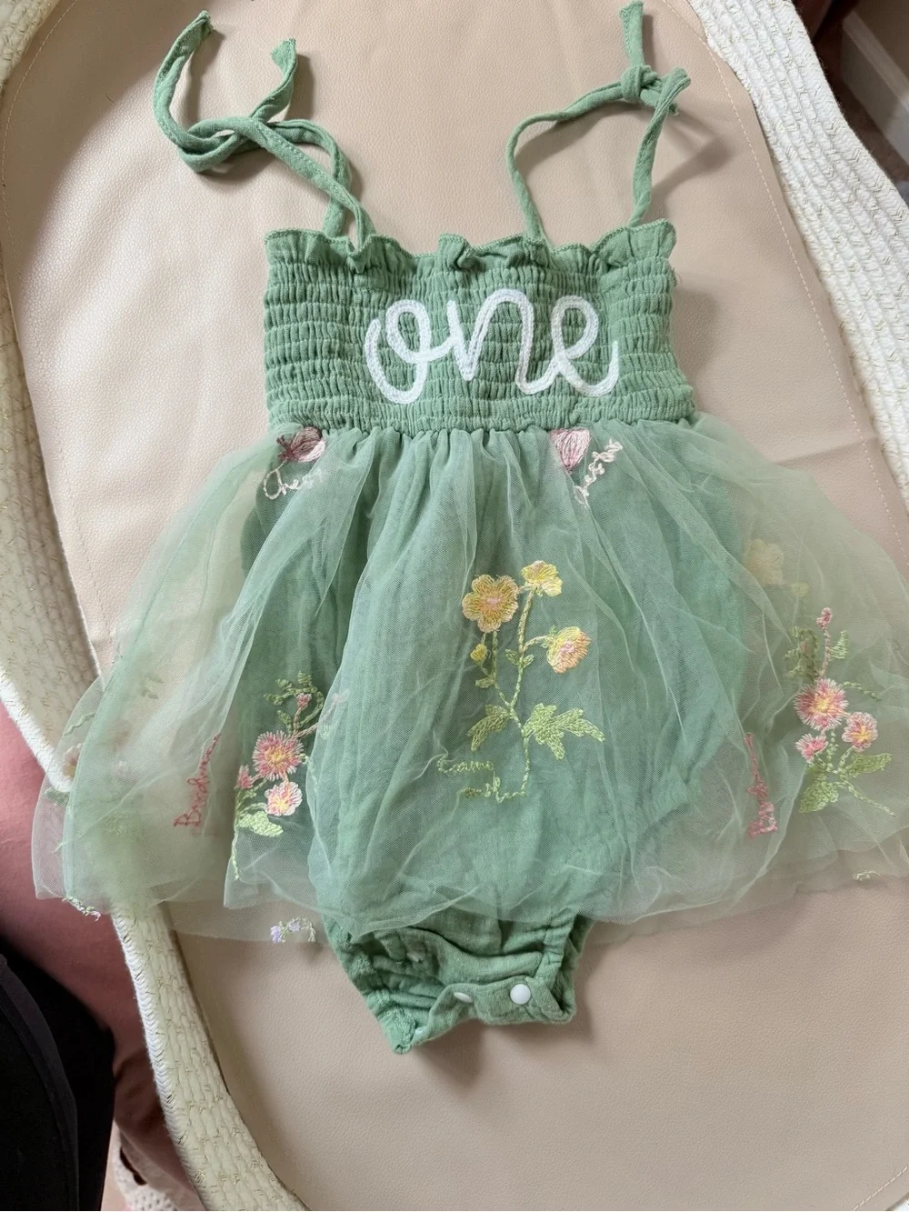 3 for $25 Green Tulle 'One' Baby Romper with Floral Embroidery